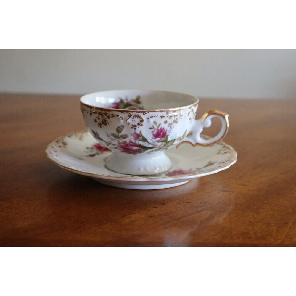 Pearl China K Made In Japan Floral Rose Pattern Teacup Cup Saucer Gold Trim Vtg